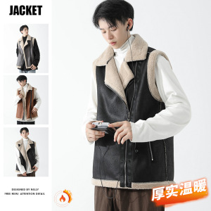 马甲男背心冬季新款复古机车服棉服高街痞帅加绒马甲男士坎肩外套
