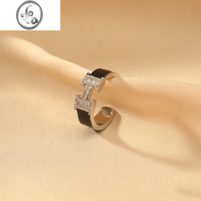 JiMi复古小香风锆石字母H开口戒指时尚个性轻奢小众设计高级感食指戒