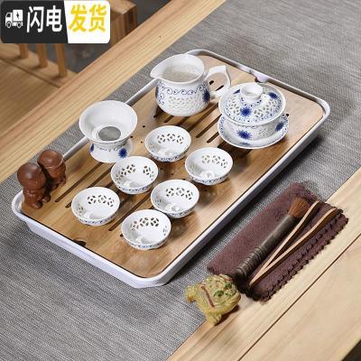 三维工匠密胺茶盘功夫茶具套装陶瓷盖碗茶杯家用简约日式竹制茶盘茶海 10头玲珑青菊盖碗密胺白大长方盘 17件