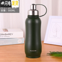 三维工匠304不锈钢大号保温杯大容量保温壶600太空壶800户外运动瓶1000 新款900军绿色送杯刷