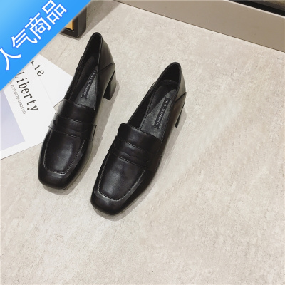 SUNTEK女乐福鞋2023年新款春秋季高跟方头一脚蹬中跟英伦粗跟单鞋小皮鞋