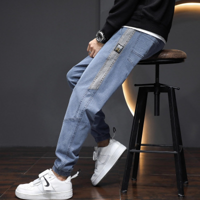 男士弹力休闲牛仔裤男款九分松紧腰束脚男裤子秋季透气新款长裤男