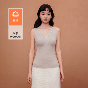秋冬新款带胸垫保暖背心女可拆胸罩德绒蚕丝V领蕾丝打底马甲