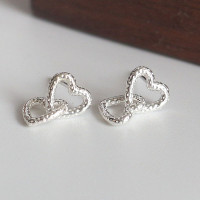 Kissilver S925纯银不规则纹理双爱心镂空耳钉女简约小众设计耳饰送女朋友老婆情人节七夕生日礼物