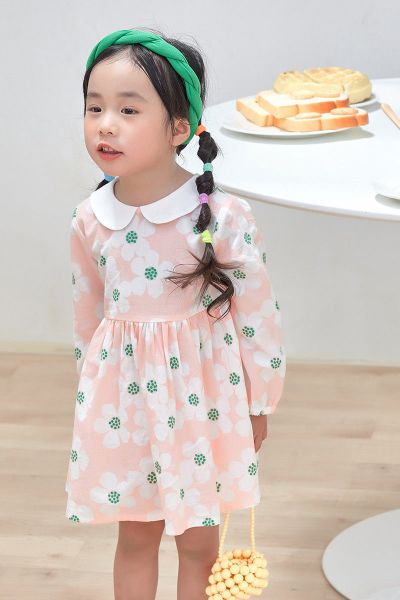 [1件3折]秋季新款女童长袖连衣裙儿童裙子甜美清娃娃领 印花连衣裙