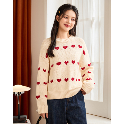 [3件8.5折135.9元,叠加优惠券]唐狮新款女毛衣慵懒风高级感圆领爱心满印针织衫设计感上衣