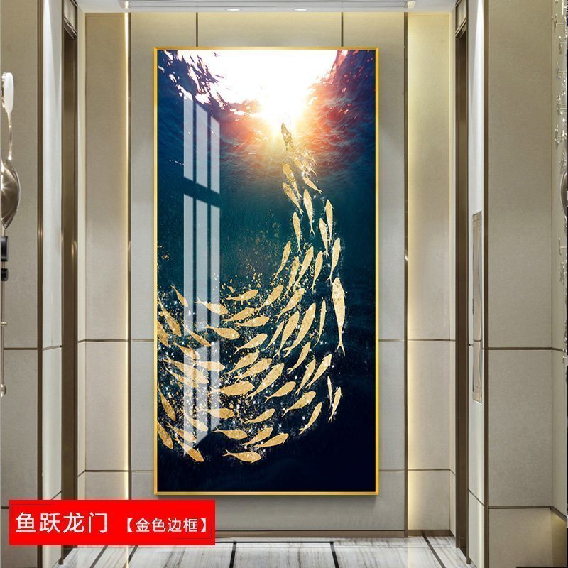 九鱼图玄关装饰画走廊过道挂画客厅酒店 鱼跃龙门(金色边框) 60*120cm晶瓷画(晶瓷工艺+金属框)统一发金色边框(需