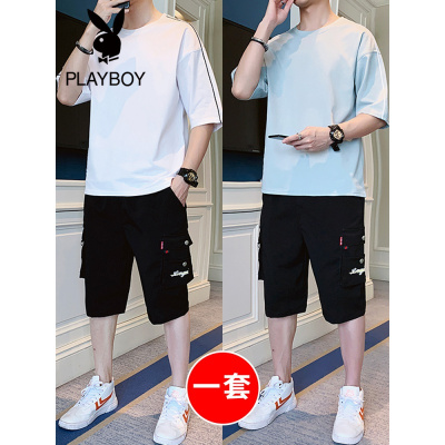 花花公子夏季男士套装2020新款潮流休闲短袖T恤男一套搭配套装潮