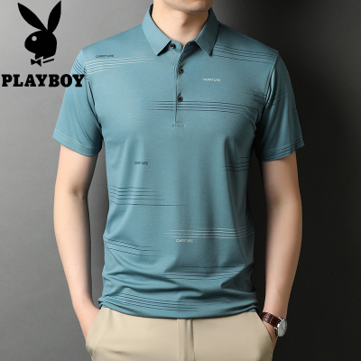 花花公子品质翻领中年男士短袖T恤冰爽爸爸男装大码体恤衣服薄款2021夏天新款