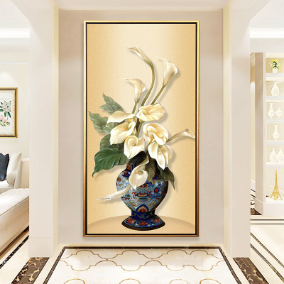 舒厅玄关装饰画进门竖版走廊过道新中式荷花挂画入户现代简约客厅画马蹄莲花70*130cm