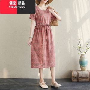YIBUSHENG妈妈复古格子棉麻短袖连衣裙女宽松收腰显瘦苎麻气质休闲中长裙
