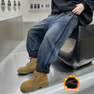 男童一体加绒加厚牛仔裤子秋冬款新款冬季男孩休闲大儿童冬装