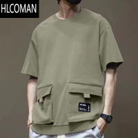 HLCOMAN夏季军绿机能工装短袖t恤男宽松大码日系潮牌肥大立体口袋半袖男