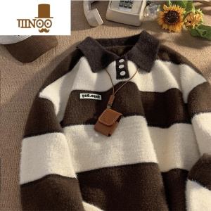 YANXUpolo领条纹毛衣男女款加厚古着感日系复古慵懒风软糯针织外套