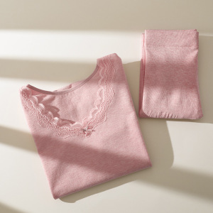 秋冬保暖内衣女 美体秋衣防寒纯色打底衫蕾丝修身V领保暖套装