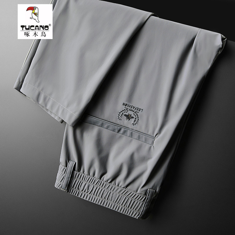 啄木鸟冰丝速干薄款弹力拉链口袋夏季休闲裤直筒耐磨男士冰感长裤