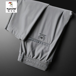 啄木鸟冰丝速干薄款弹力拉链口袋夏季休闲裤直筒耐磨男士冰感长裤