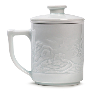 金镶玉黄守良老师手作 景德镇茶杯雕刻仿宋影青陶过滤茶带盖老板办公杯 锦绣中华景德镇浮雕办公茶杯