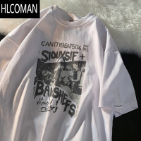 HLCOMAN美式复古印花t恤男夏季高街嘻哈百搭短袖情侣潮牌ins宽松圆领半袖