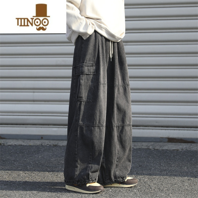 YANXU日系工装牛仔裤男款ins潮牌美式宽松直筒黑色阔腿休闲裤子