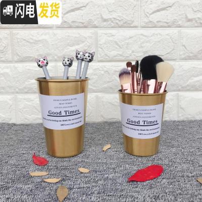 三维工匠笔筒创意时尚简约北欧风ins金色收纳盒化妆刷桶桌面摆件办公文具 大号玫瑰金304不锈钢笔筒