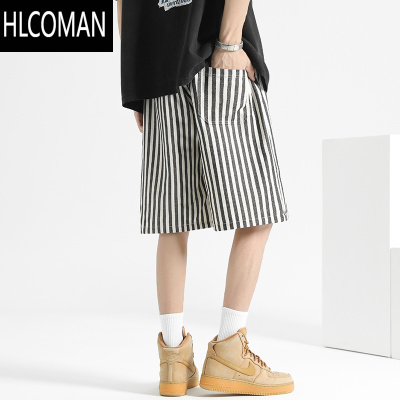 HLCOMAN潮牌美式宽松休闲短裤男夏季薄款竖条纹男士五分裤运动中裤沙滩裤