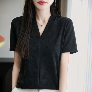 女装莱赛尔天丝V领针织衫短袖法式设计感重工提花T恤25夏新款
