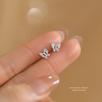 森系小清新微镶锆石蝴蝶耳钉女s999纯银小巧百搭时尚韩版足银耳饰送女朋友老婆情人节七夕生日礼物