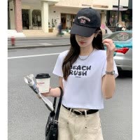 [2.5折价46元]唐狮夏季女圆领前胸字母短款短袖T恤百搭活泼美式复古休闲潮