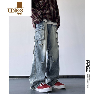 YANXU美式复古破洞工装牛仔裤男秋季新款宽松直筒阔腿裤子高街潮牌嘻哈