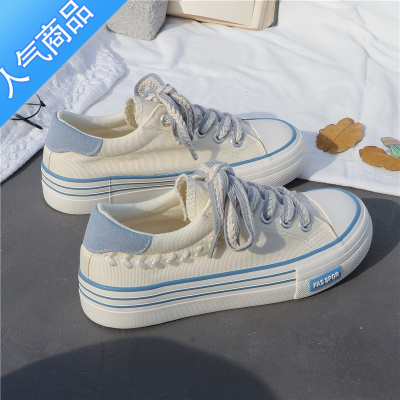 SUNTEK圆头系带低帮日系帆布鞋女平底春季百搭韩版新款潮学生小白鞋板鞋