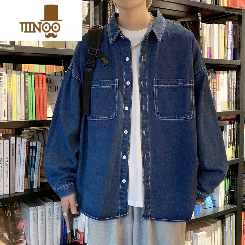 YANXU牛仔长袖衬衫男日系青少年学生帅气休闲潮牌美式复古水洗外套