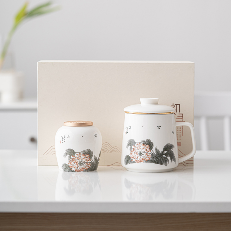 苏氏陶瓷(SUSHI CERAMICS) 羊脂玉花开富贵茶叶罐配主人茶杯茶格杯办公杯套组