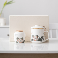 苏氏陶瓷(SUSHI CERAMICS) 羊脂玉花开富贵茶叶罐配主人茶杯茶格杯办公杯套组