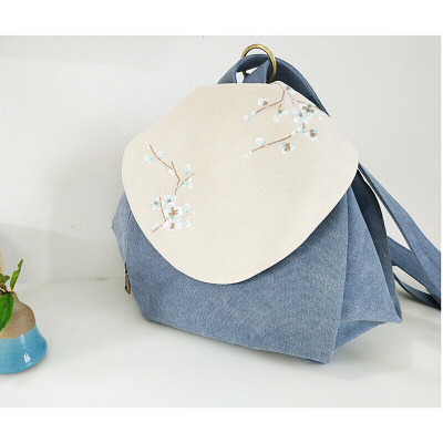 新款18新款手绘古风背包复古中国风双肩包三角帆布包大容量学生书包女-定制青梅蓝色青梅蓝色