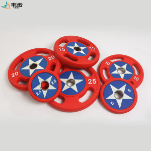 韦步举重杠铃商用健身房杠铃片美国队长PU举重杠铃片包胶手抓配重片