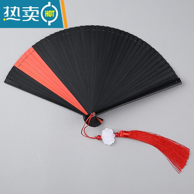 XIANCAI全竹骨扇子折扇中国风女式手工日式古风折叠汉服舞蹈小扇随身便携 18cm纯色黑加红