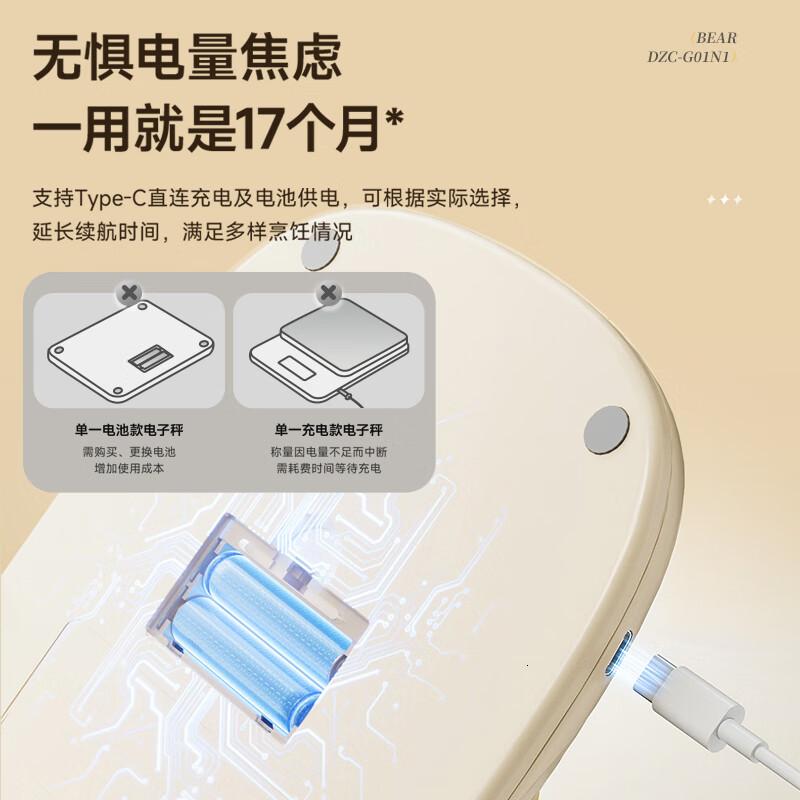 小熊厨房电子秤精准称重台秤新款电子称家用烘焙称克电子秤食物秤 DZC-G01N1[充电/插电/电池三用款]