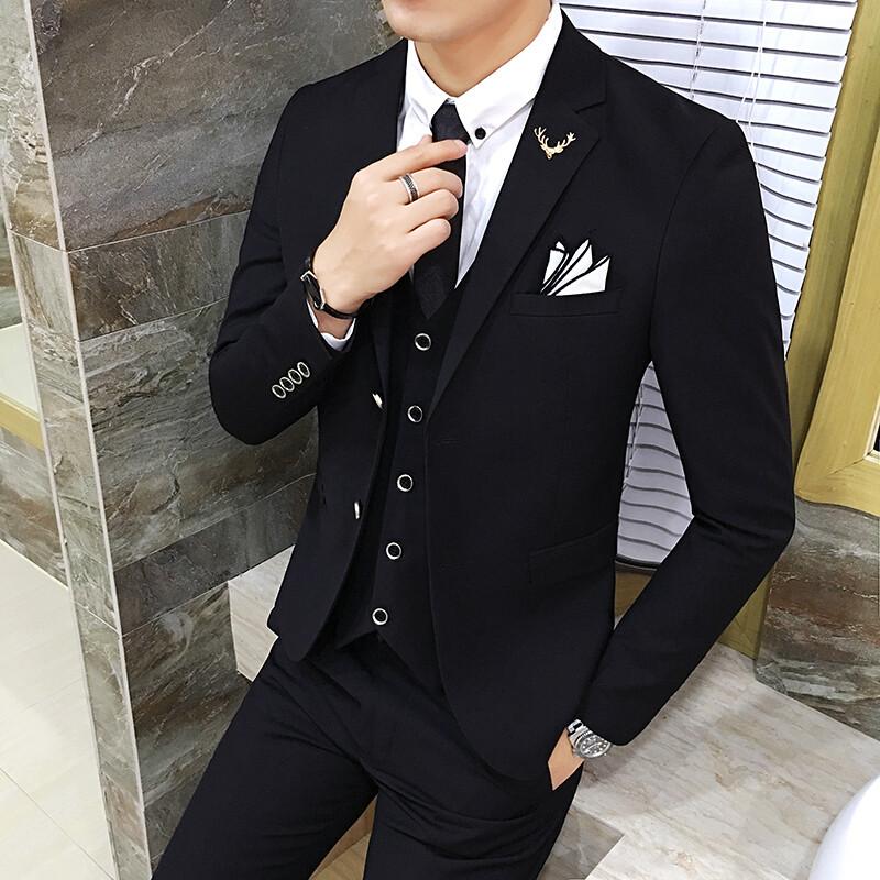 西装男休闲新郎结婚礼服修身西服套装男士韩版小西装三件套伴郎服