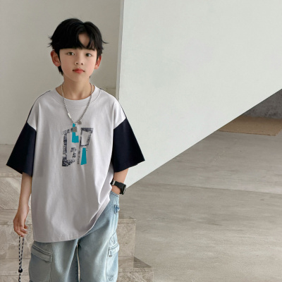 男童夏装短袖T恤夏季2026新款大童薄款男孩儿童拼接体恤休闲上衣t