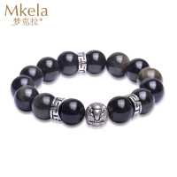 梦克拉Mkela 925银金曜石虎睛石玛瑙手链 稳雅 S925黑曜石手饰男款佛珠手串