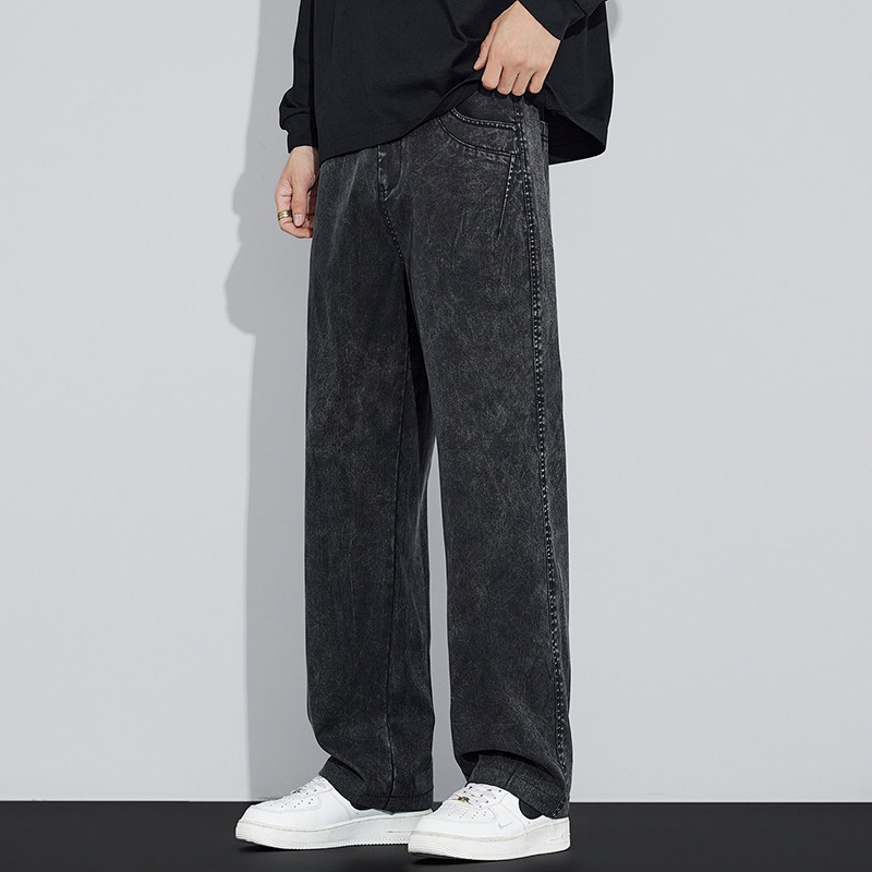 高端雪花扎染天丝牛仔裤男士新款宽松直筒休闲长裤显瘦阔腿男裤子