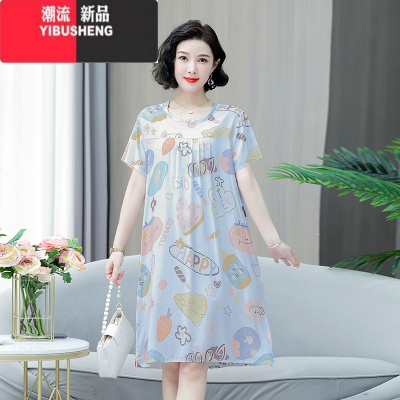 YIBUSHENG中老年女装装棉绸睡裙宽松居家妈妈人造棉短袖睡衣中长款连衣裙