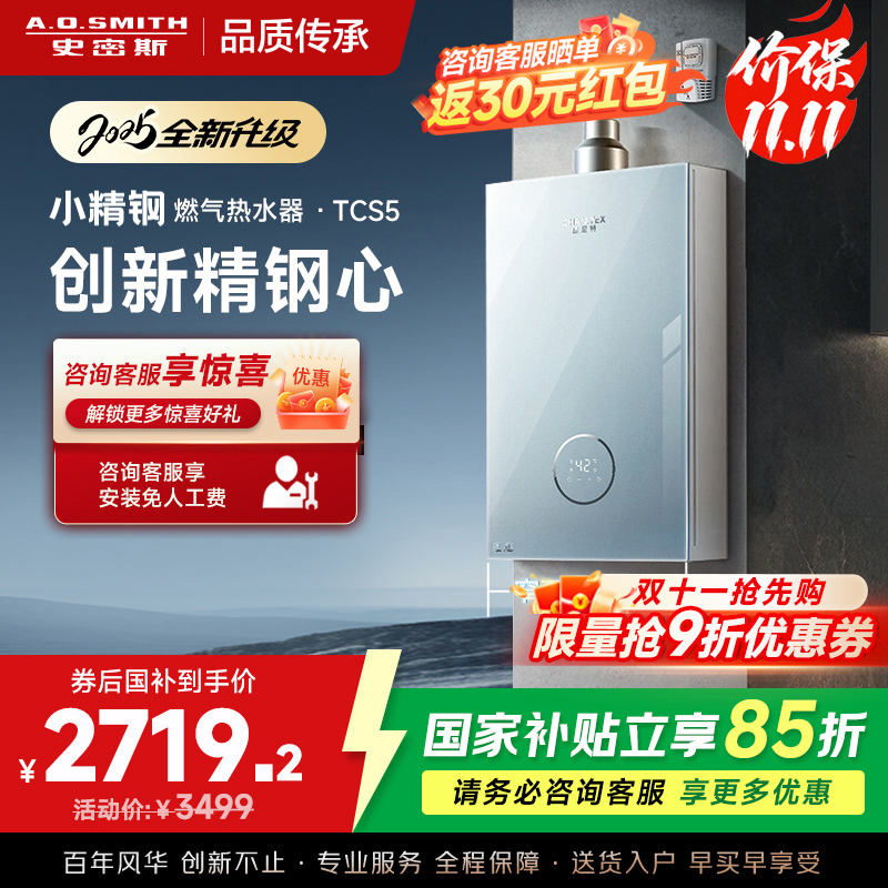 史密斯佳尼特[小精钢TCS5]16升精钢燃气热水器 国家补贴 JSQ31-TCS5 安全守护 持久恒温大水量 新品
