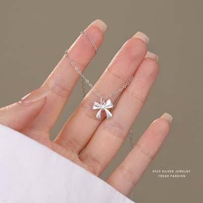 温柔晚晚风蝴蝶结项链女s925纯银韩版百搭时尚轻奢甜美锁骨链批发送女朋友老婆情人节七夕生日礼物