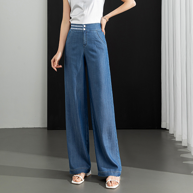 夏牛仔裤女天丝冰丝宽松休闲裤长裤大码女式松紧腰阔腿裤