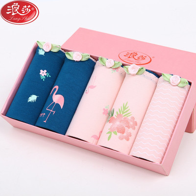 浪莎女士内裤5条盒装纯棉裆火烈鸟棉中腰内裤学生少女清新三角裤