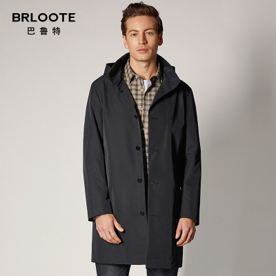 BRLOOTE/巴鲁特中长款风衣秋装挺括简洁单排扣防风连帽外套