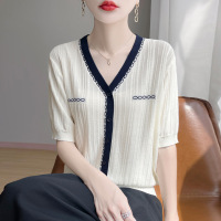 莱赛尔100小v领撞色假开衫2026夏季新款针织衫薄中袖女T恤套头