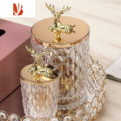 三维工匠网红北欧式水晶纸巾盒客厅家用茶几创意简约牙签棉签托盘收纳套装 金鹿罐一对[一大一小] [牙签棉签糖罐]
